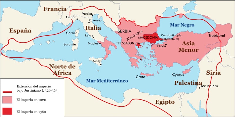 El imperio bizantino se extendió alrededor del mar Mediterráneo.